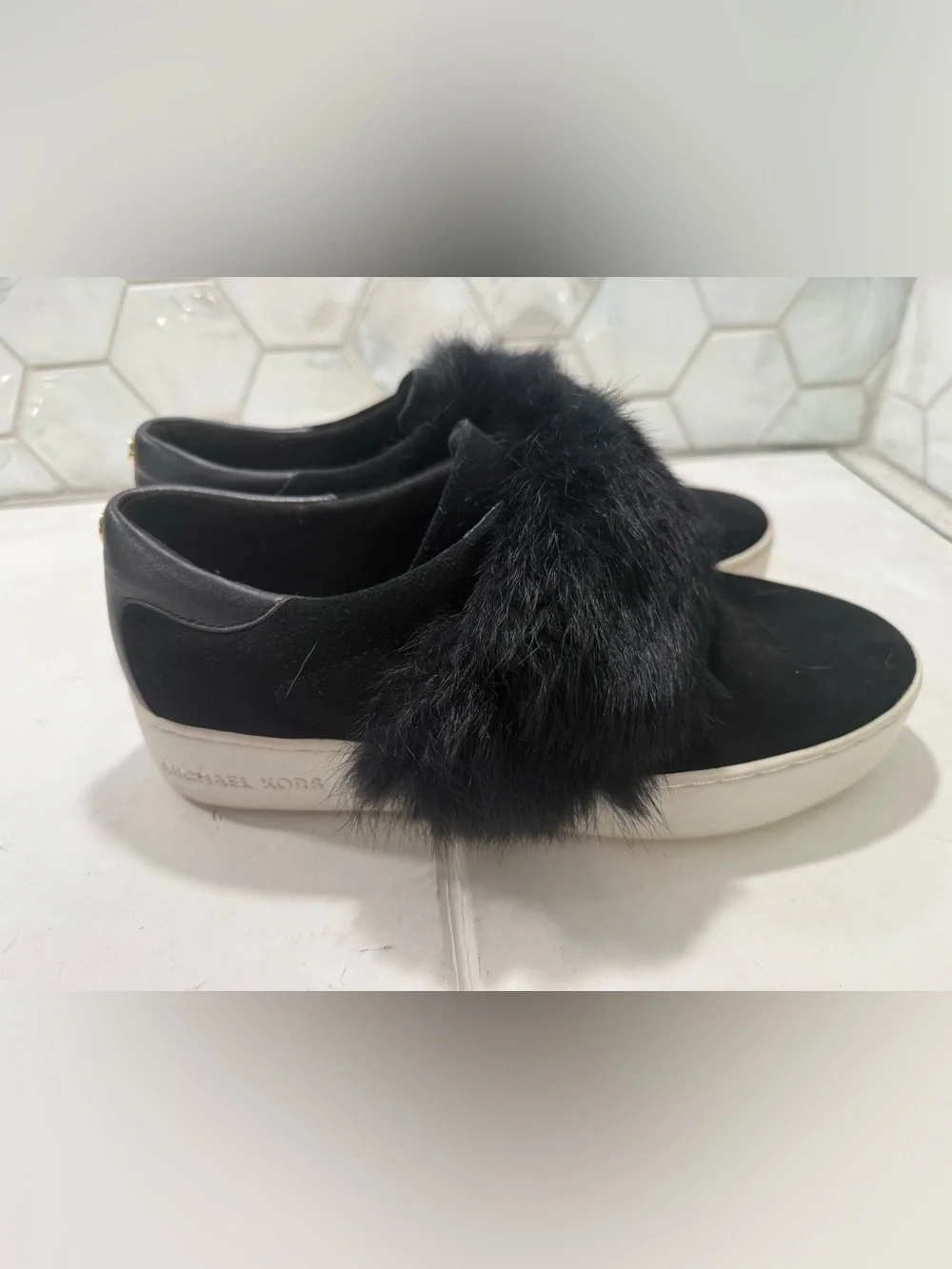 Michael Kors Maven Black Suede Slipon Sneakers Fur Cuff Sz 8.5 Chic Comfort